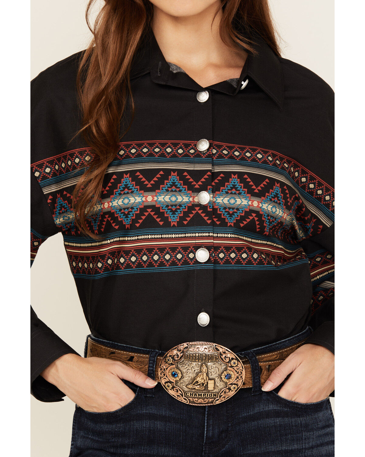 Rock & Roll Denim Women's Southwestern Border Print Cropped Long Sleeve Button-Down Western Shirt