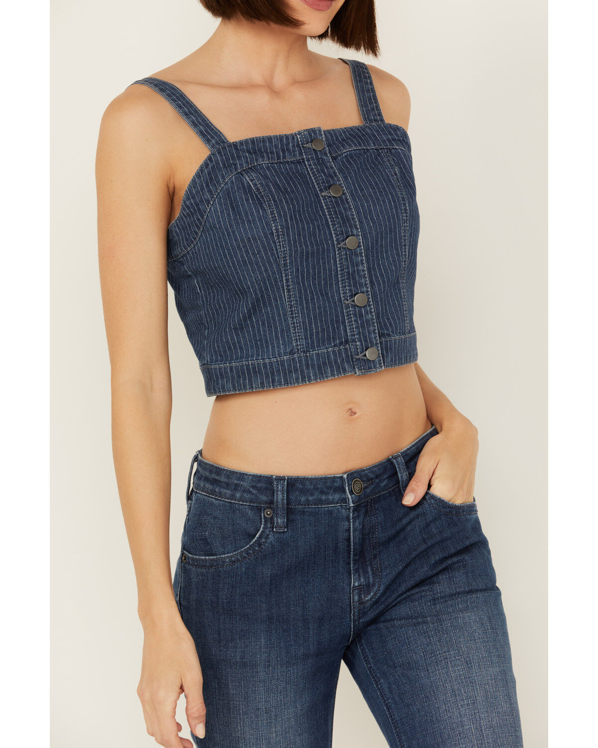 Rock & Roll Denim Women's Dark Wash Pinstripe Denim Corset Crop Top