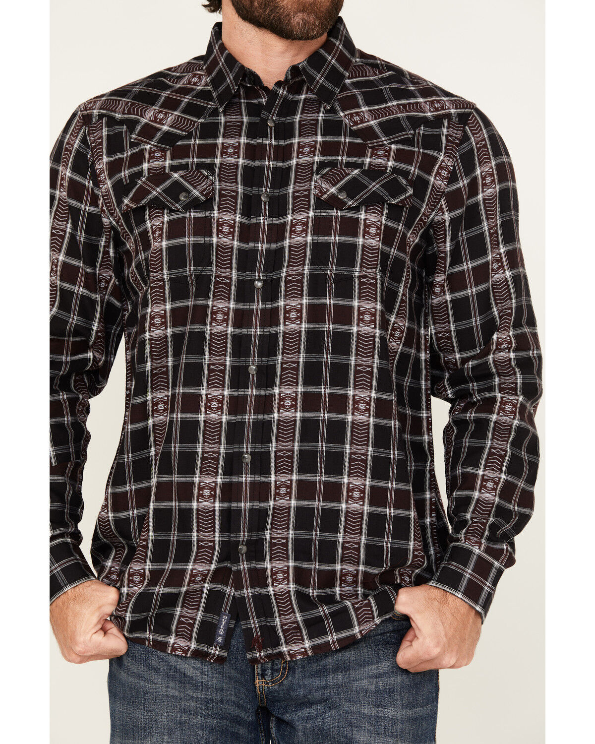 Moonshine Spirit Men's Dobby Plaid Print Long Sleeve Snap Wester Shirt