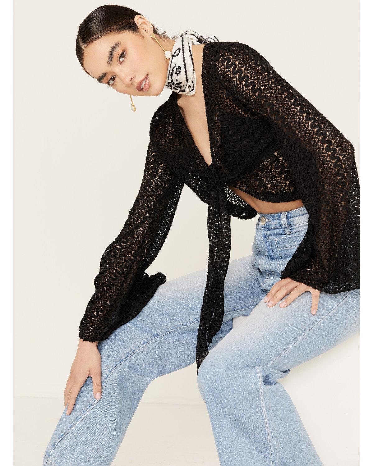 Wild Moss Women's Tie Front Textured Top
