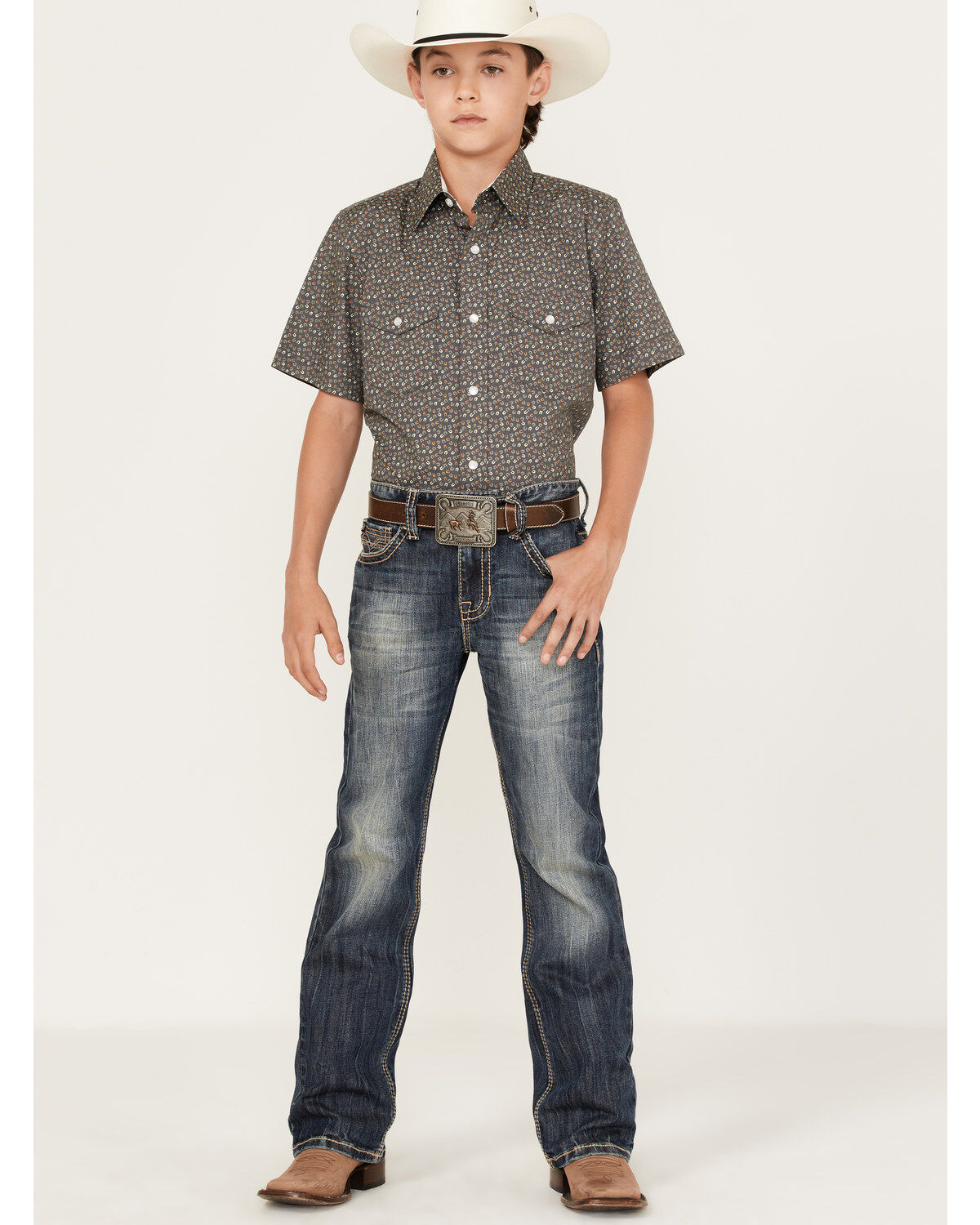 Panhandle Boys' Horseshoe Print Short Sleeve Western Pearl Snap Shirt