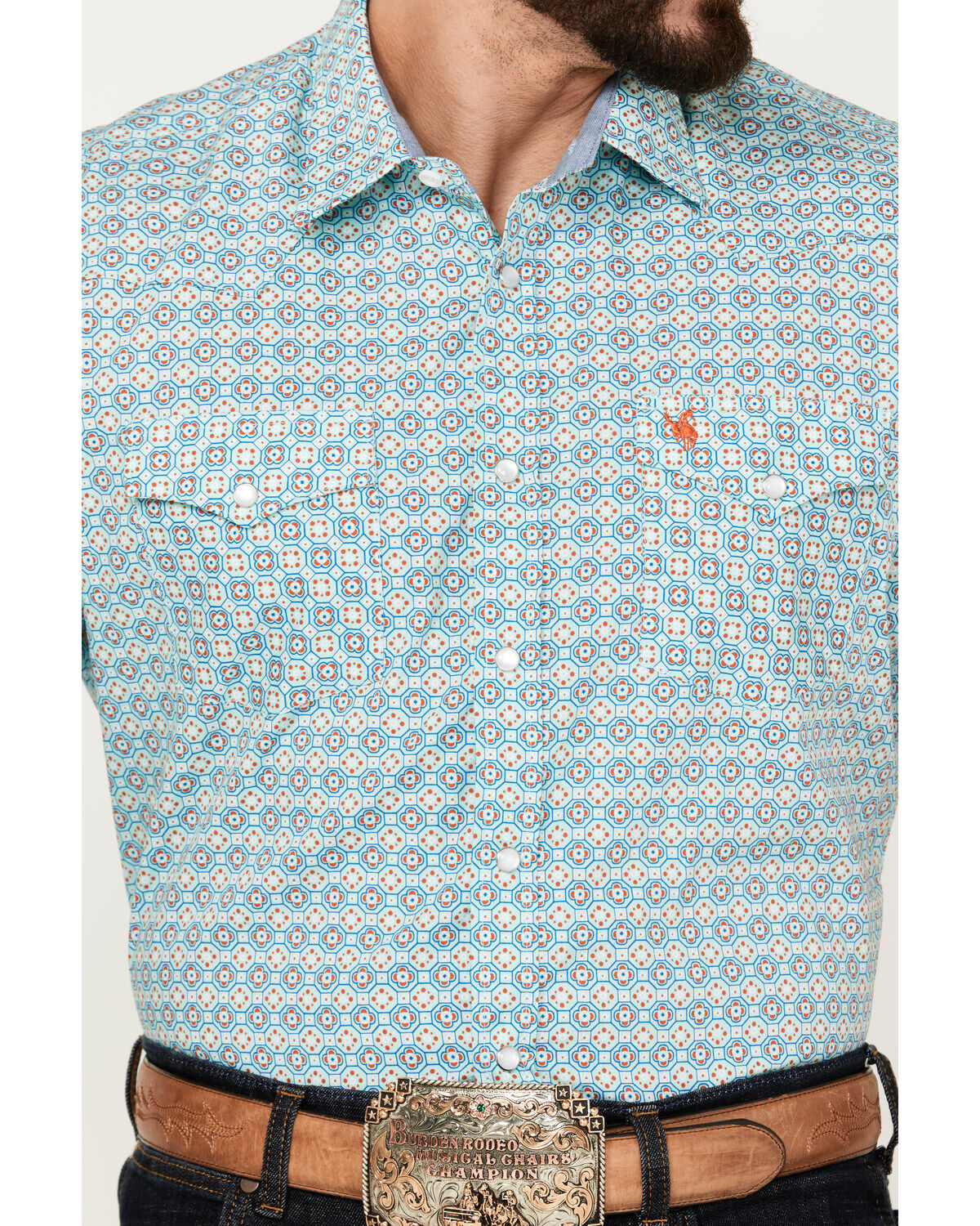 Rodeo Clothing Men's Boot Barn Exclusive Medallion Print Short Sleeve Pearl Snap Western Shirt