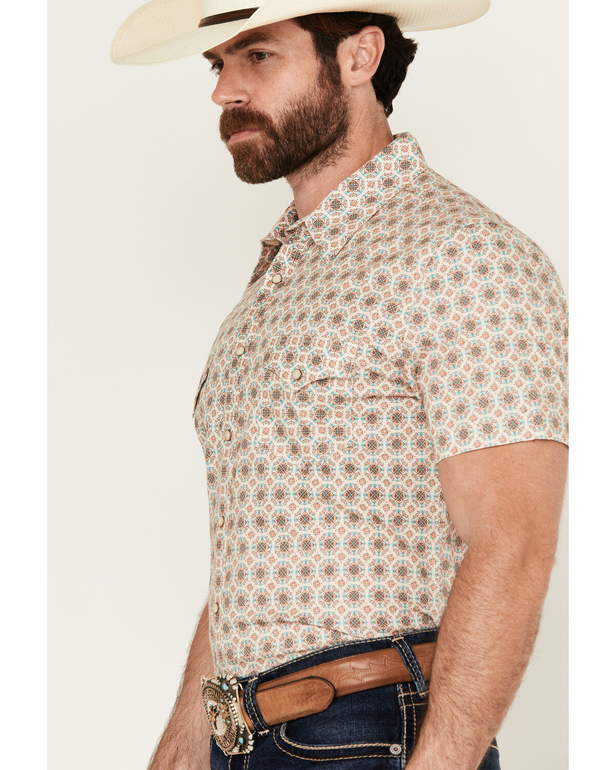 Rock & Roll Denim Men's Medallion Print Short Sleeve Snap Stretch Western Shirt