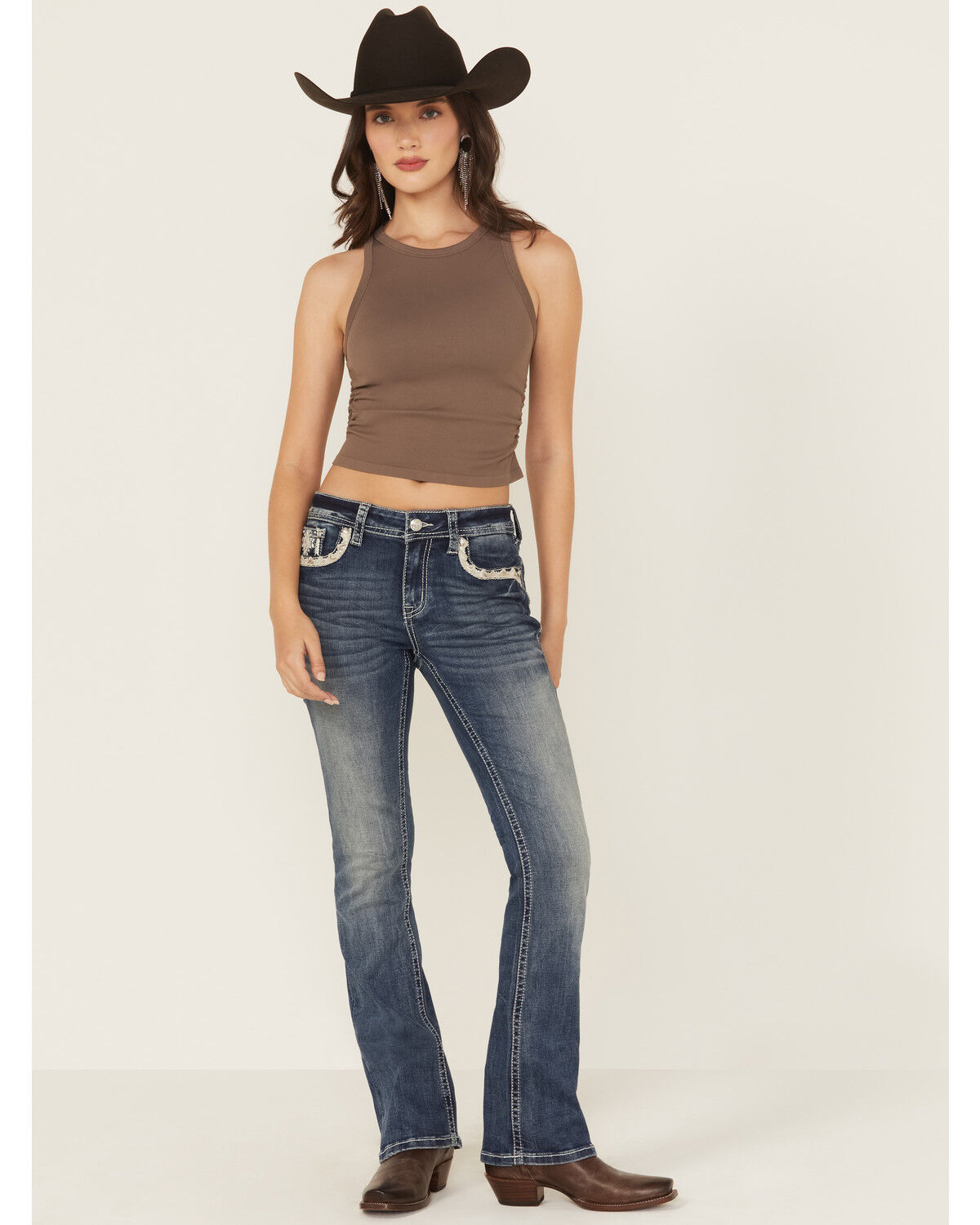 Grace in LA Women's Medium Wash Diamond Embroidered Mid Rise Bootcut Stretch Denim Jeans