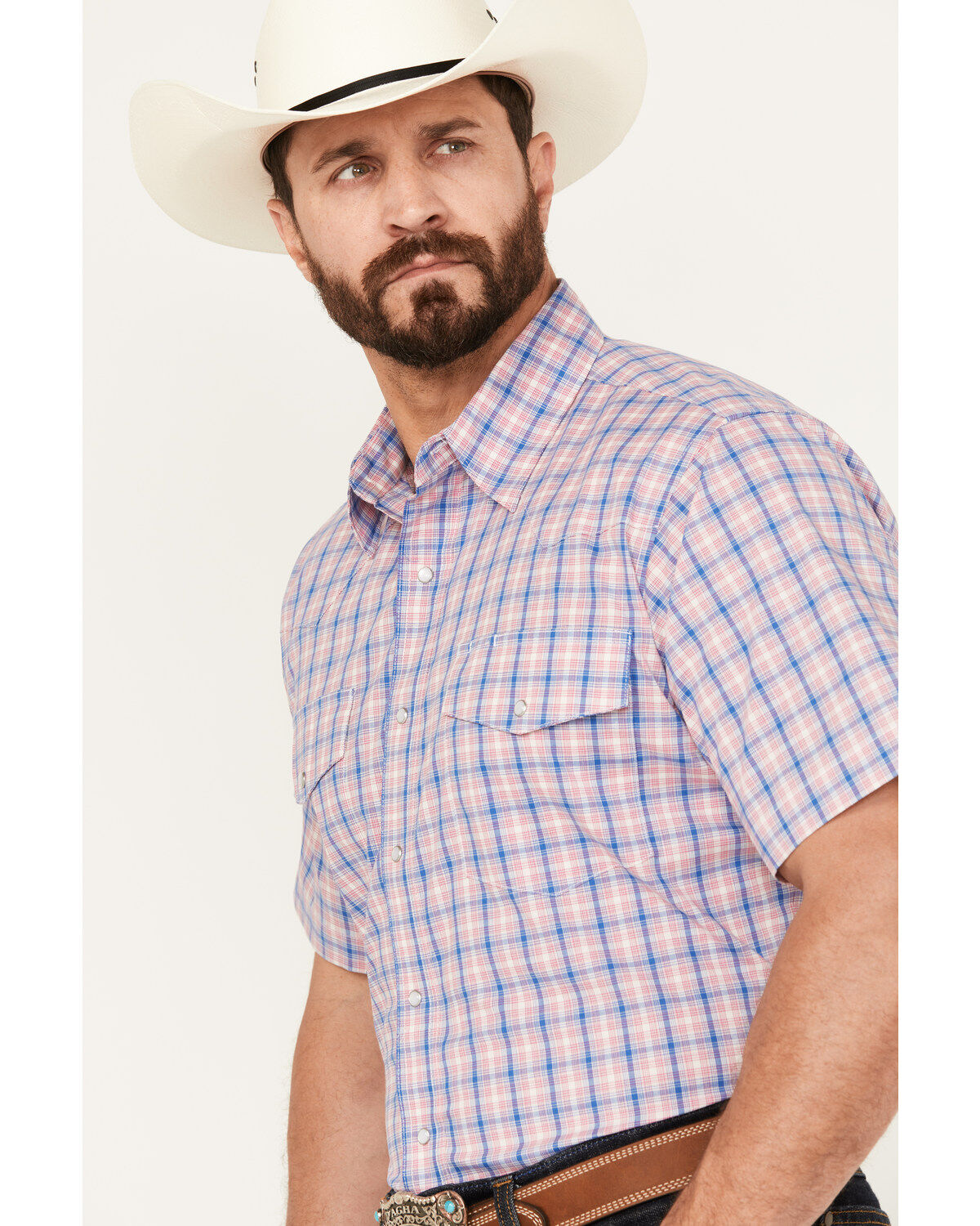 Wrangler Men's Wrinkle Resist Plaid Print Short Sleeve Pearl Snap Western Shirt