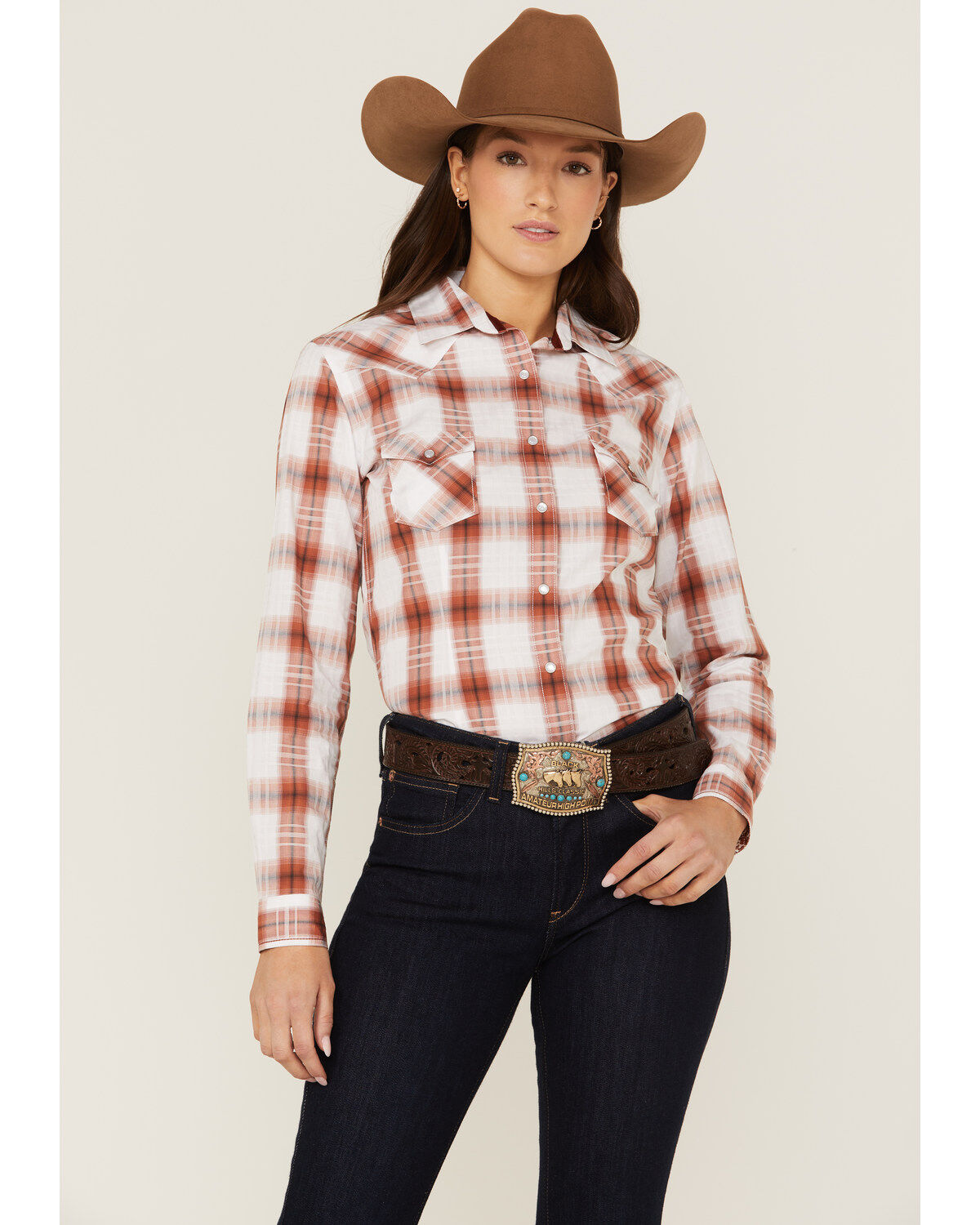 Rough Stock By Panhandle Women's Dobby Plaid Print Long Sleeve Western Pearl Snap Shirt