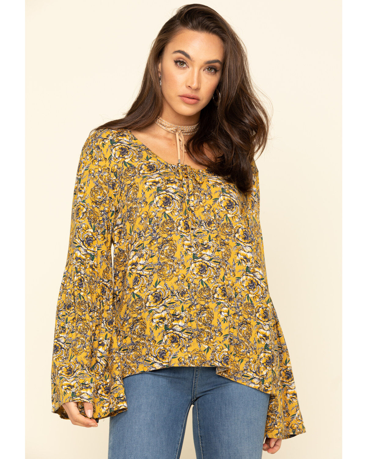 Rock & Roll Denim Women's Yellow Floral Bell Sleeve Top