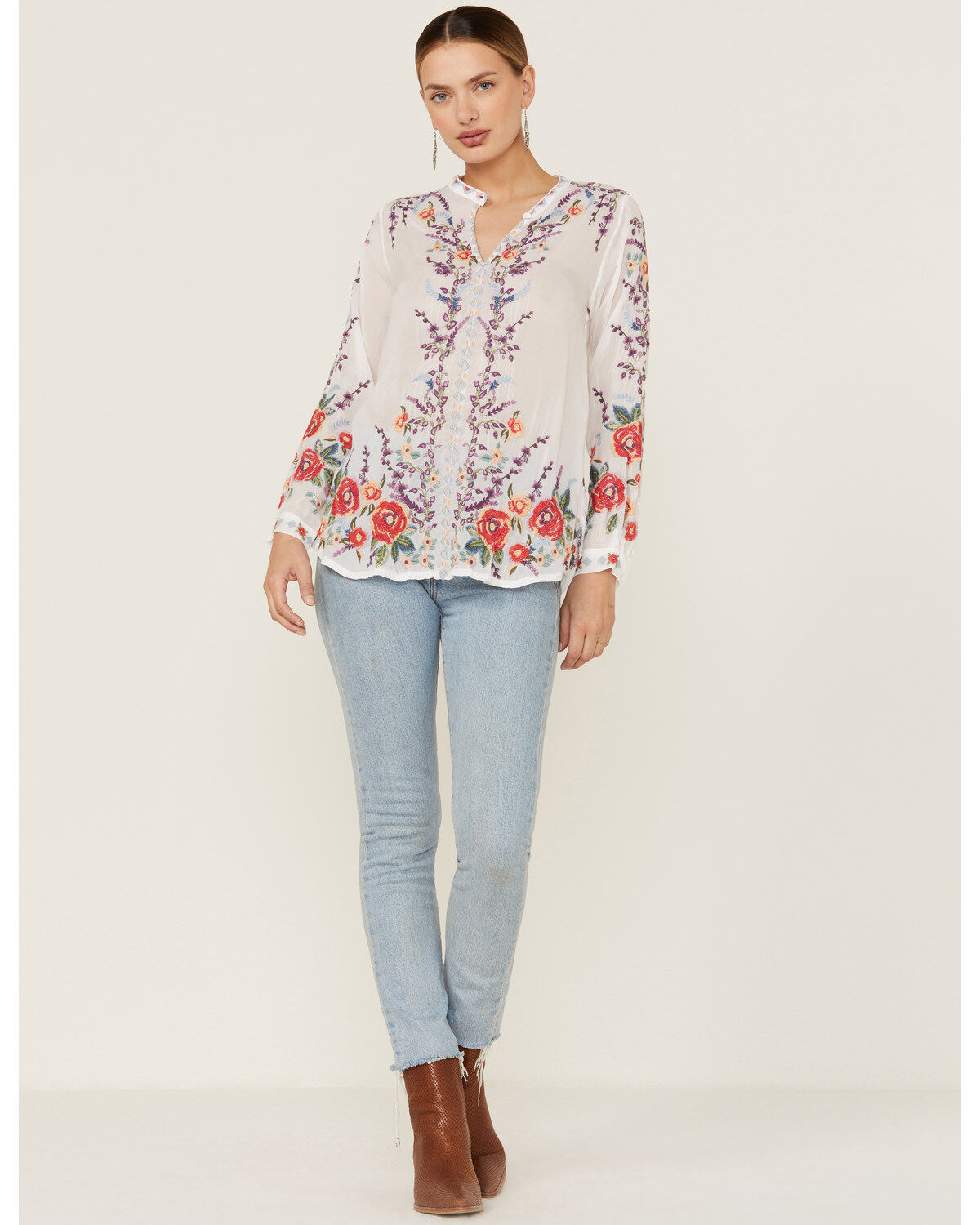 Johnny Was Women's Yasmine Embroidered Long Sleeve White Blouse