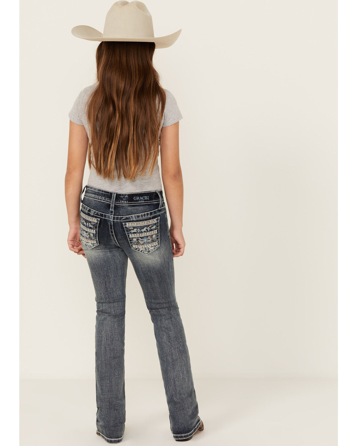 Grace in LA Girls' Medium Wash Embroidered Pocket Bootcut Stretch Denim Jeans