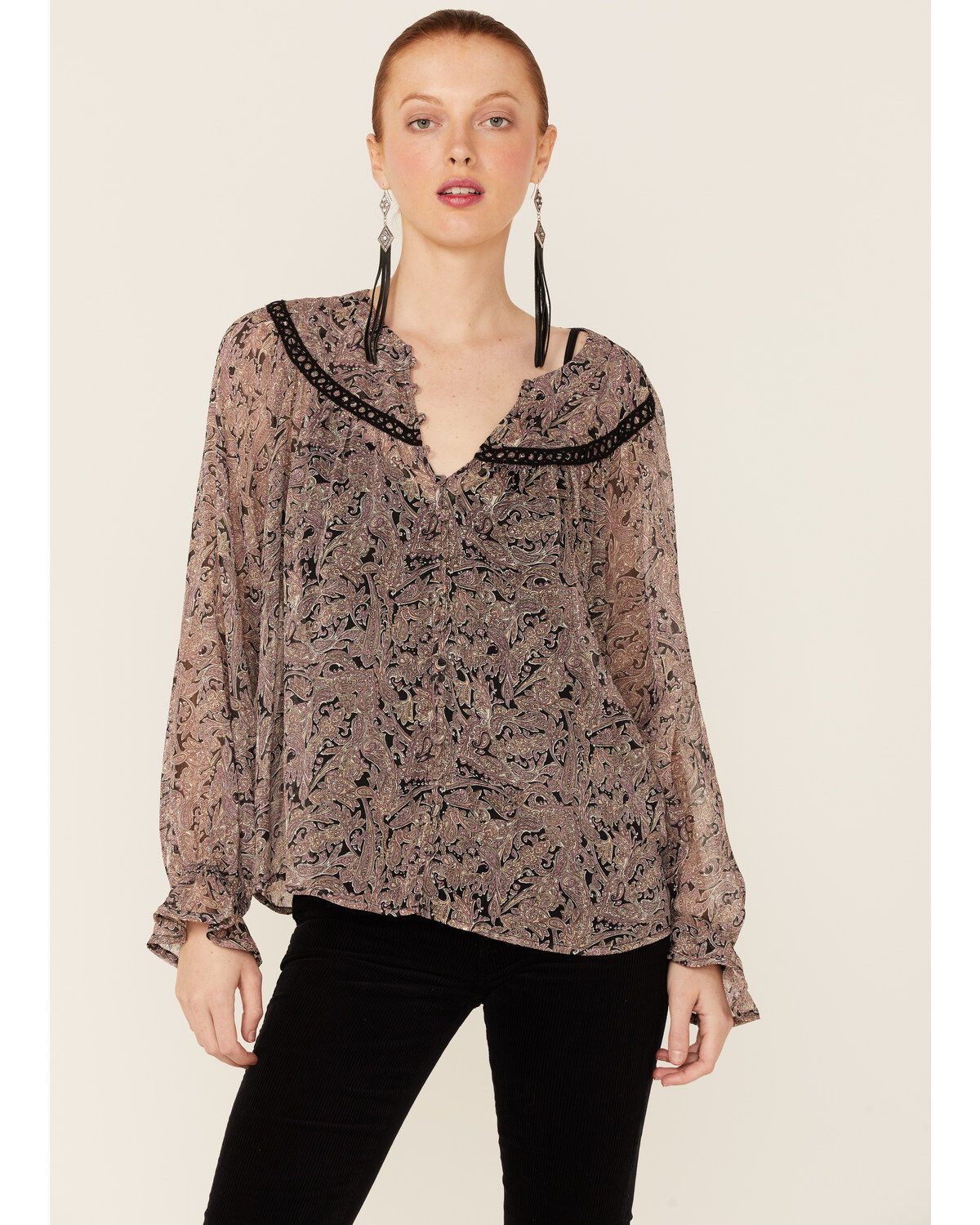 Lovestitch Women's Black Orchid Long Sleeve Lace Trim Peasant Blouse