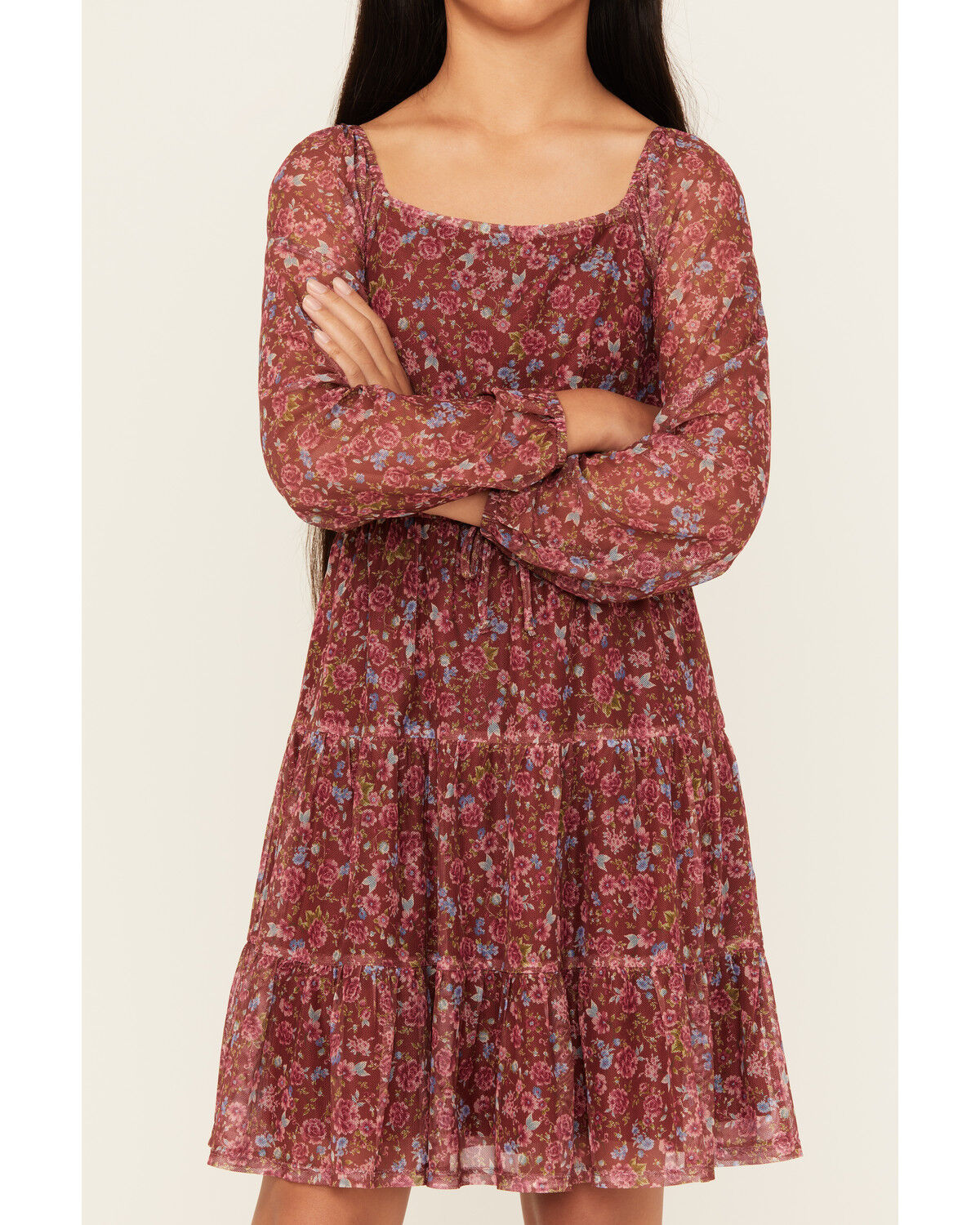 Shyanne Girls' Floral Print Mesh Long Sleeve Mini Dress