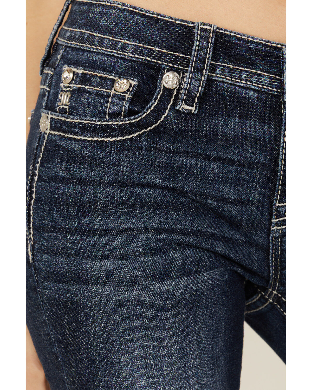 Miss Me Women's Dark Wash Mid Rise Patchwork Pocket Bootcut Stretch Denim Jeans