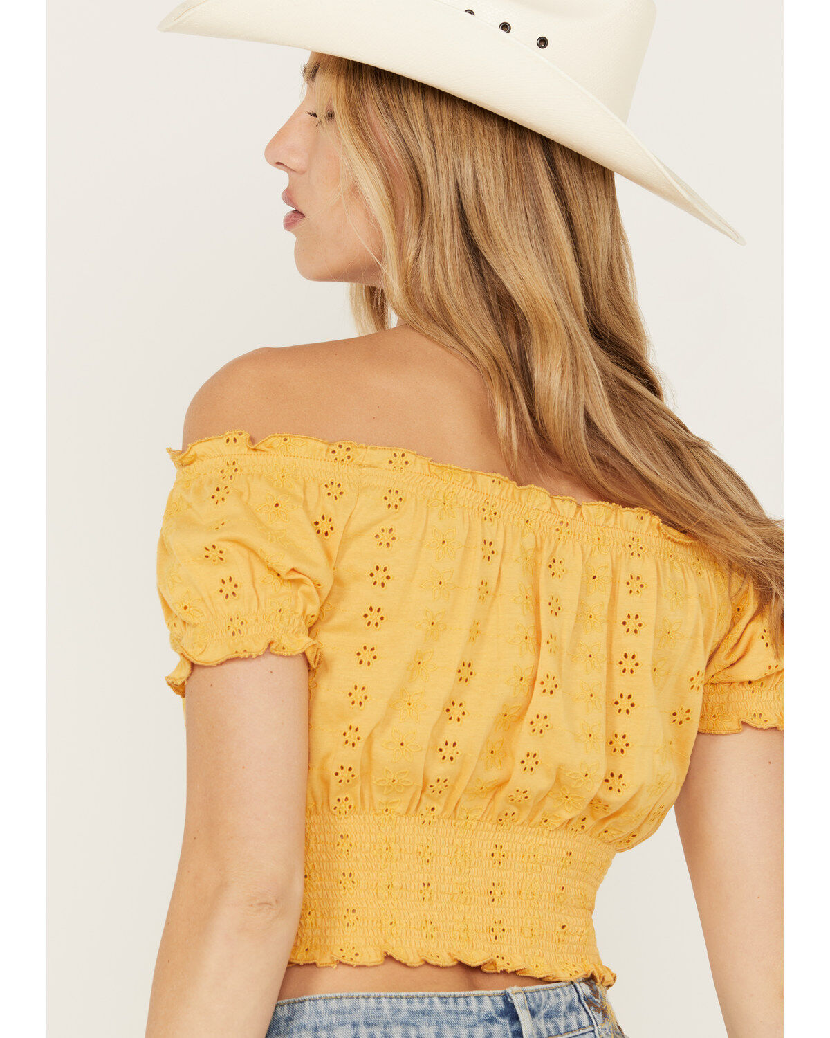 Cleo + Wolf Women's Knit Eyelet Smocked Crop Top