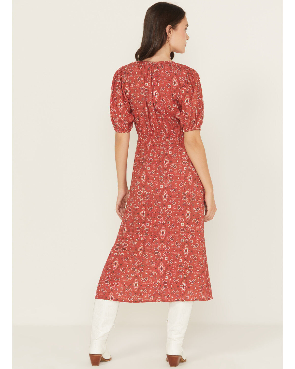 Panhandle Women's Paisley Print Puff Sleeve Midi Dress