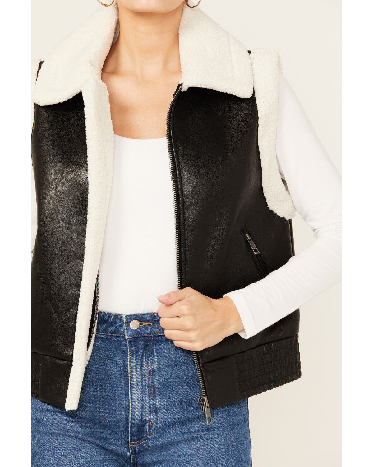 Ashley Women's Faux Leather Aviator Sherpa Zip-Up Vest