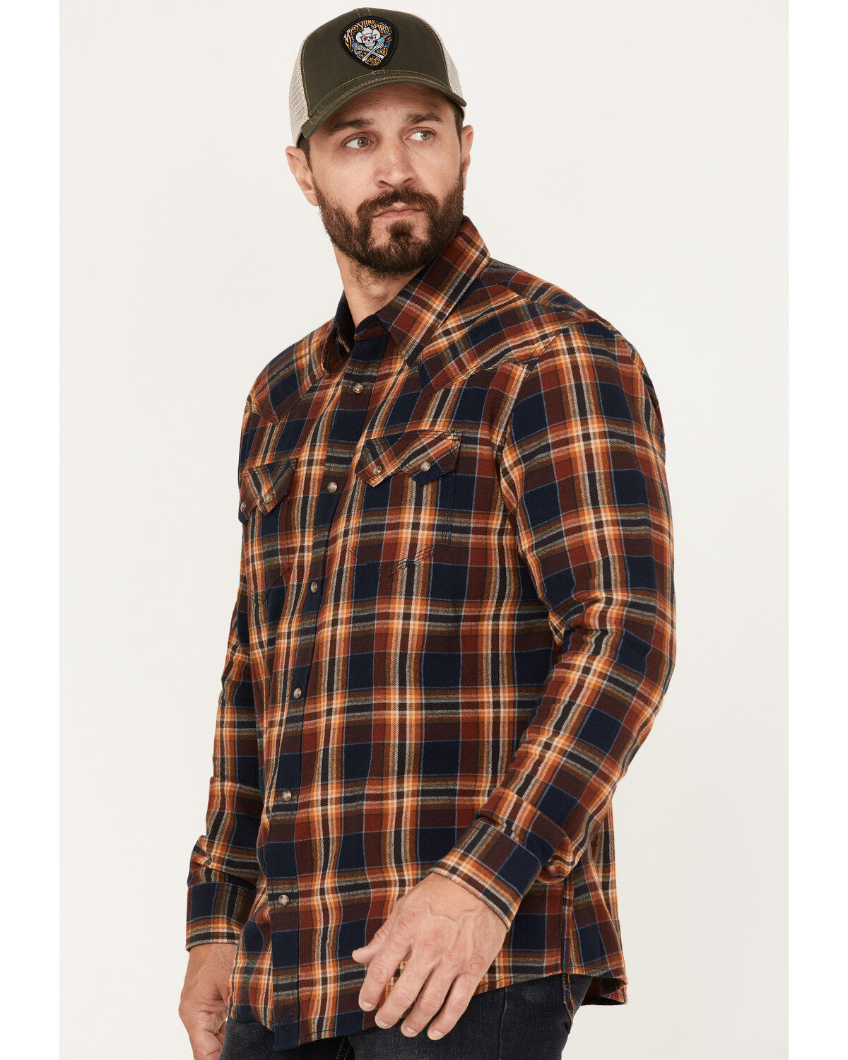 Moonshine Spirit Men's Rusted Still Plaid Print Snap Western Flannel Shirt