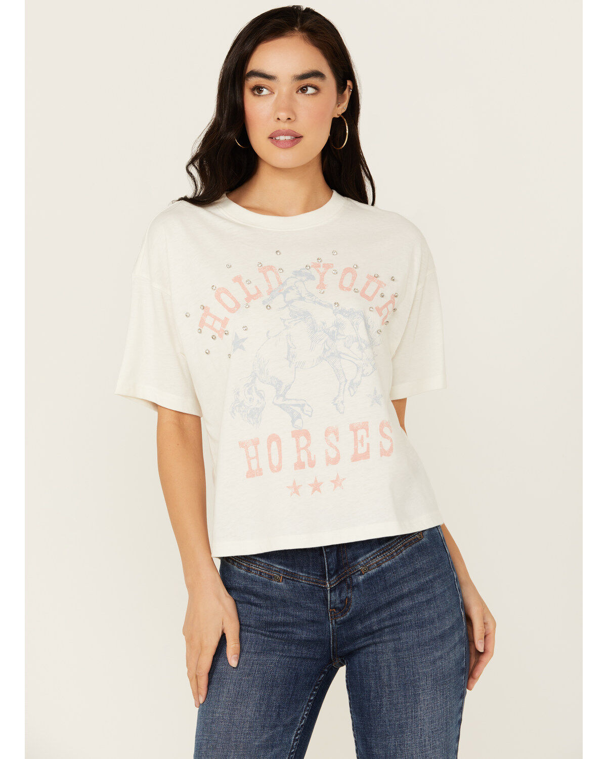 Youth in Revolt Women's Rhinestone Hold Your Horses Short Sleeve Graphic Tee