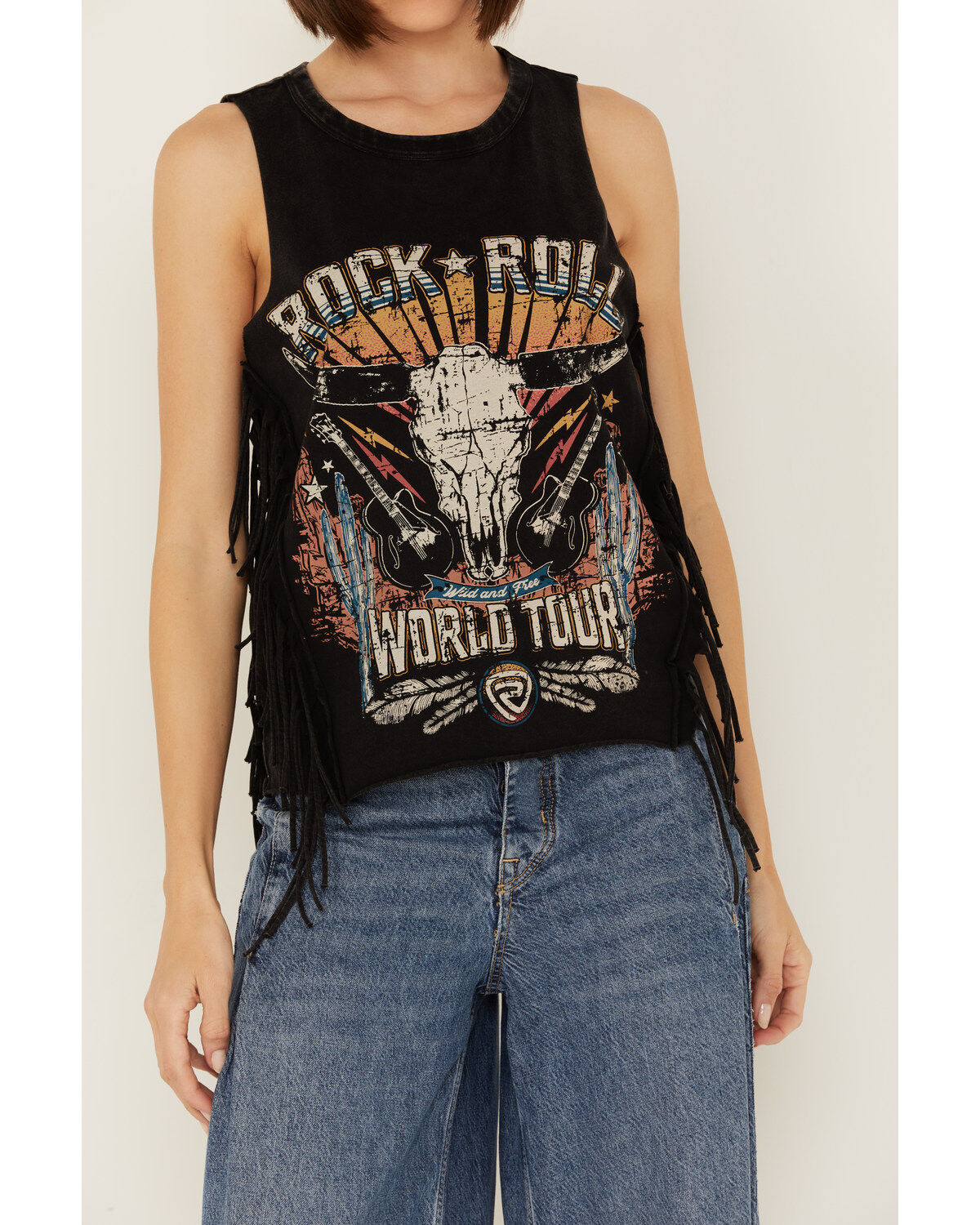 Rock & Roll Denim Women's Sleeveless Steer Head Fringe Tank