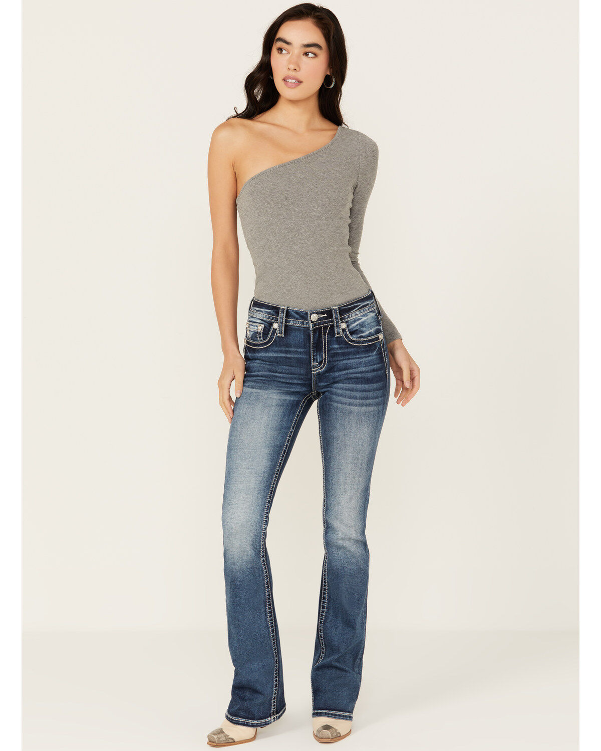 Miss Me Women's Dark Wash Mid Rise Diamond Geo Pocket Stretch Bootcut Jeans