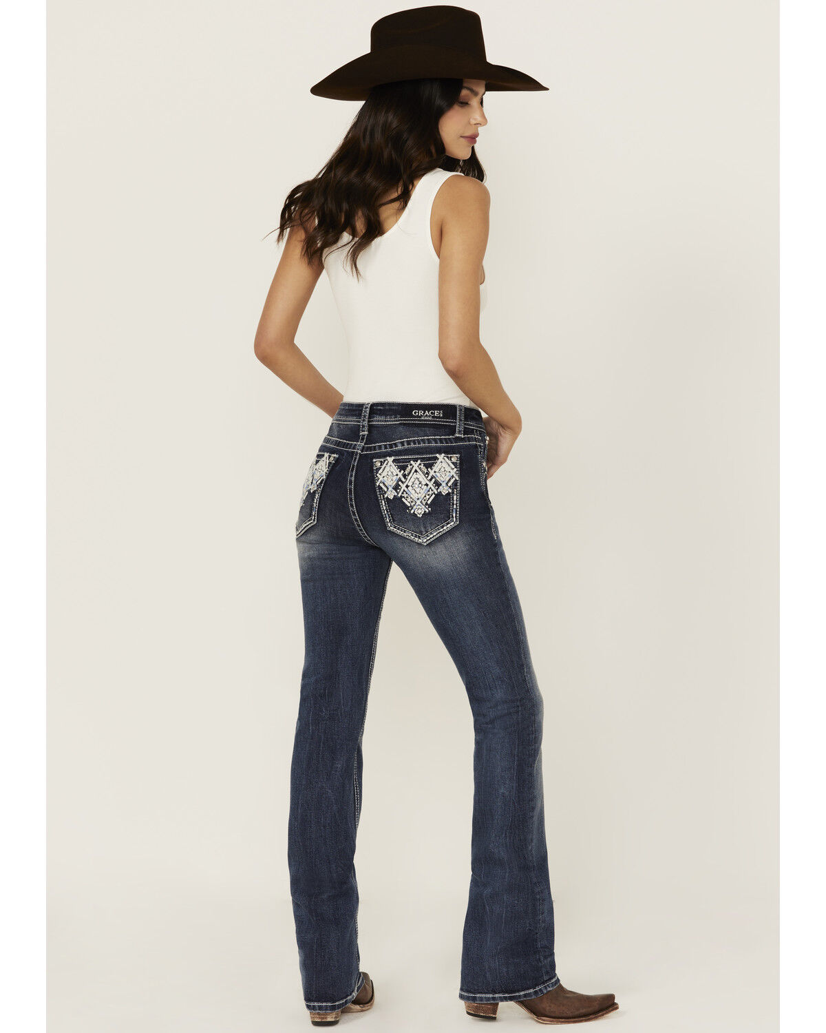 Grace in LA Women's Medium Wash Mid Rise Geo Pocket Bootcut Stretch Denim Jeans