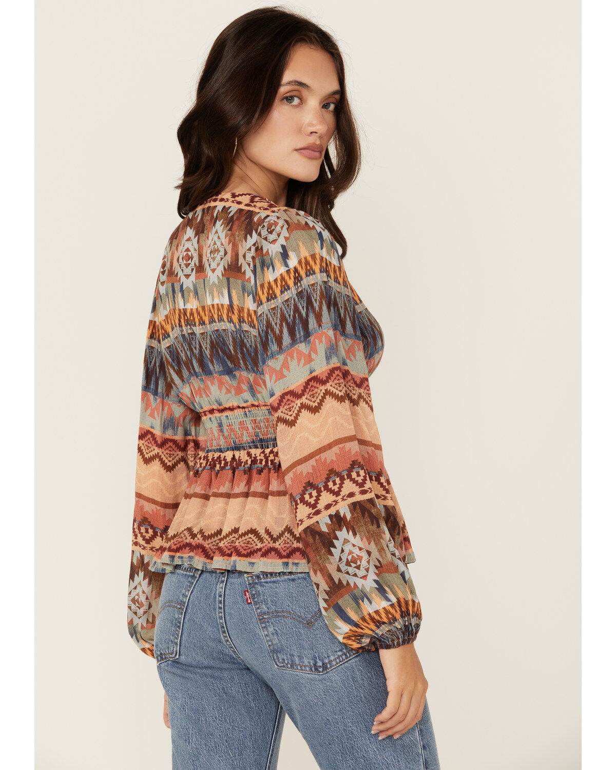 Shyanne Women's Southwestern Print Long Sleeve Crepe Shirt