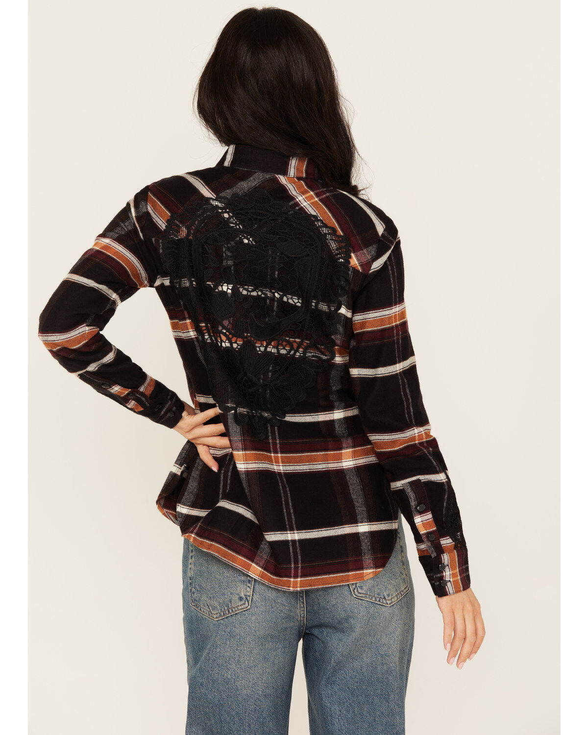 Shyanne Women's Lace Applique Plaid Print Button-Down Flannel Shirt