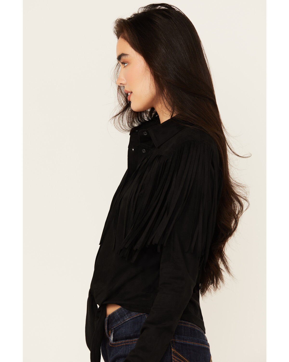 Idyllwind Women's Fate Faux Suede Fringe Long Sleeve Button-Down Tie-Front Shirt