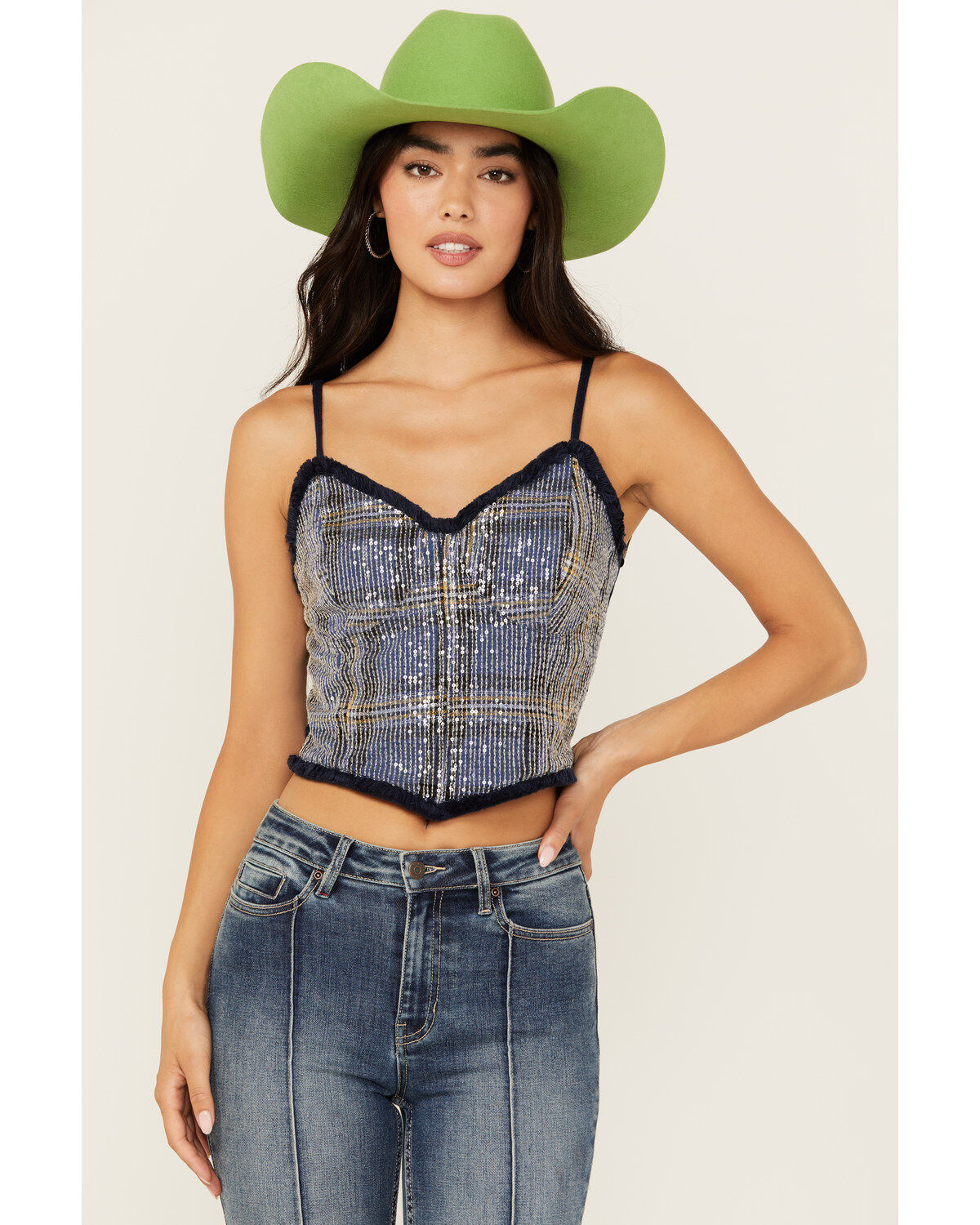 Miss Me Women's Sequins Plaid Print Tank