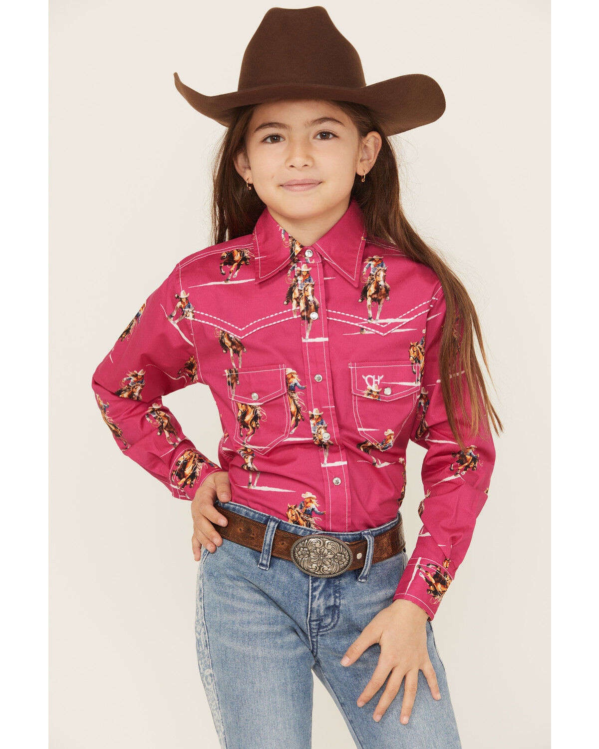 Cowgirl Hardware Girls' Cowgirl Print Long Sleeve Rhinestone Snap Stretch Western Shirt