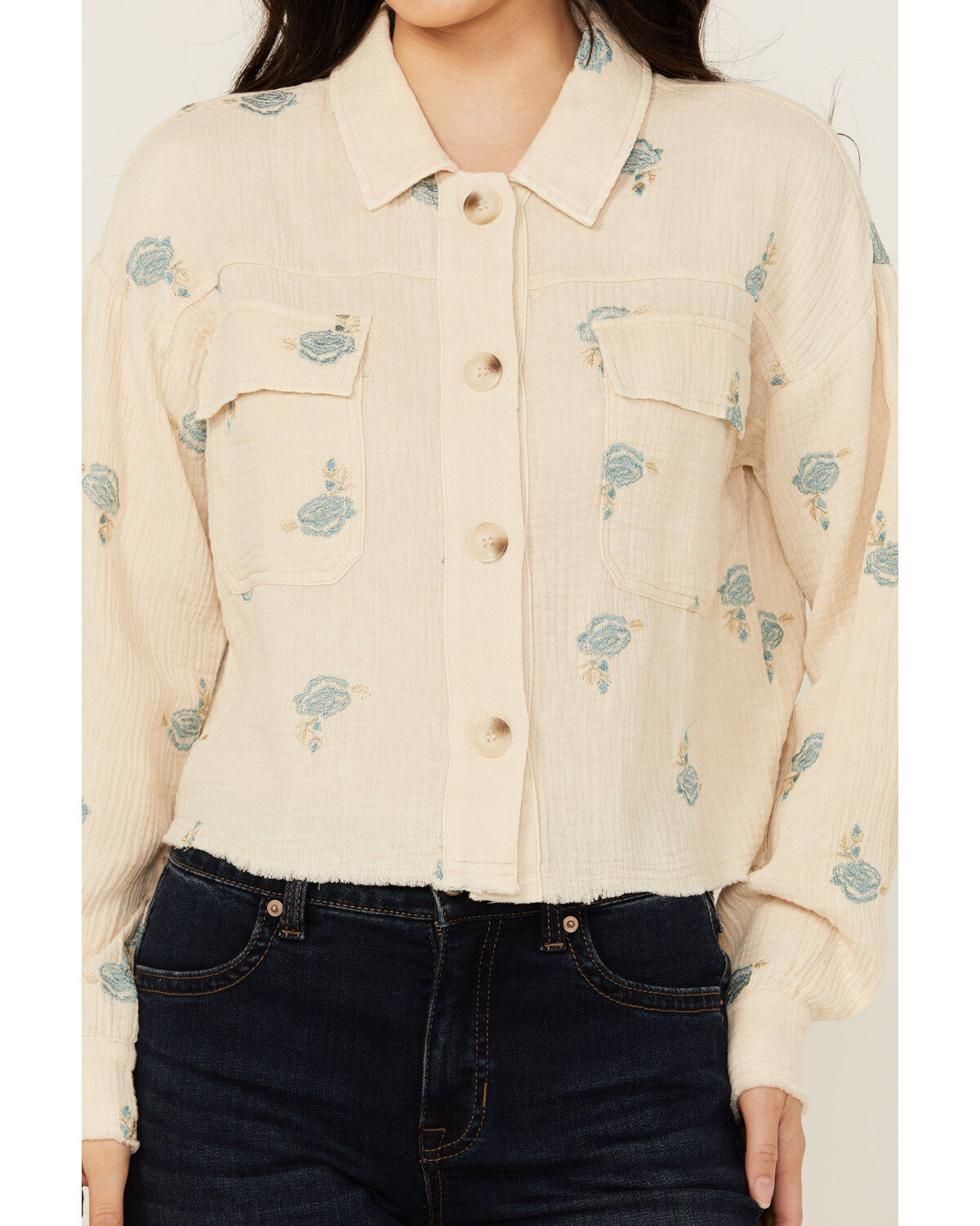Mystree Women's Floral Embroidered Long Sleeve Button-Down Shirt