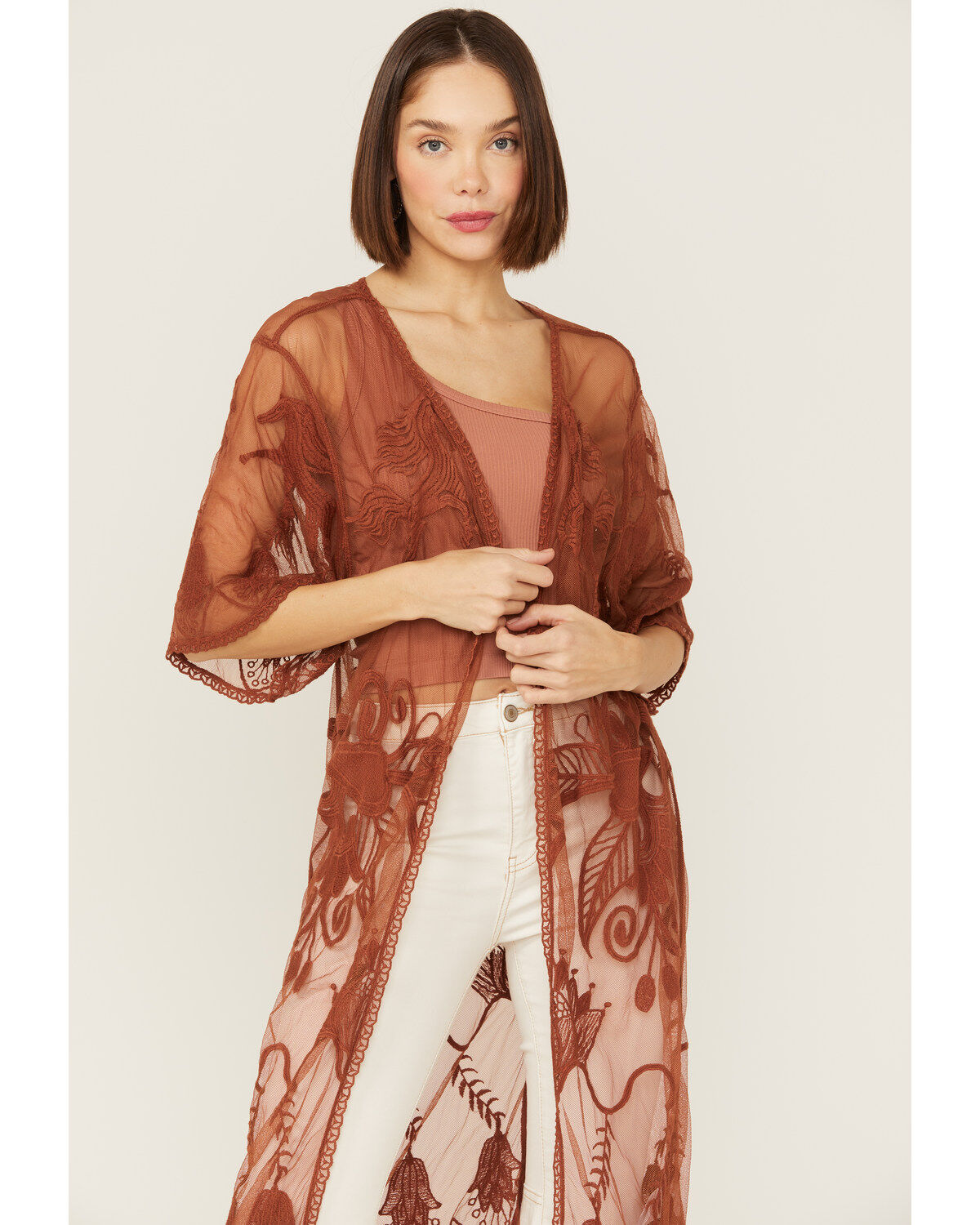 Shyanne Women's Rust Lace Tassel Kimono