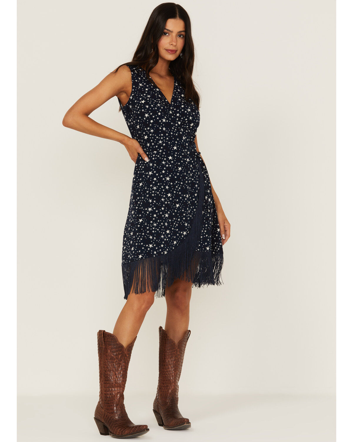 Idyllwind Women's Queens Lane Star Print Wrap Fringe Mini Dress