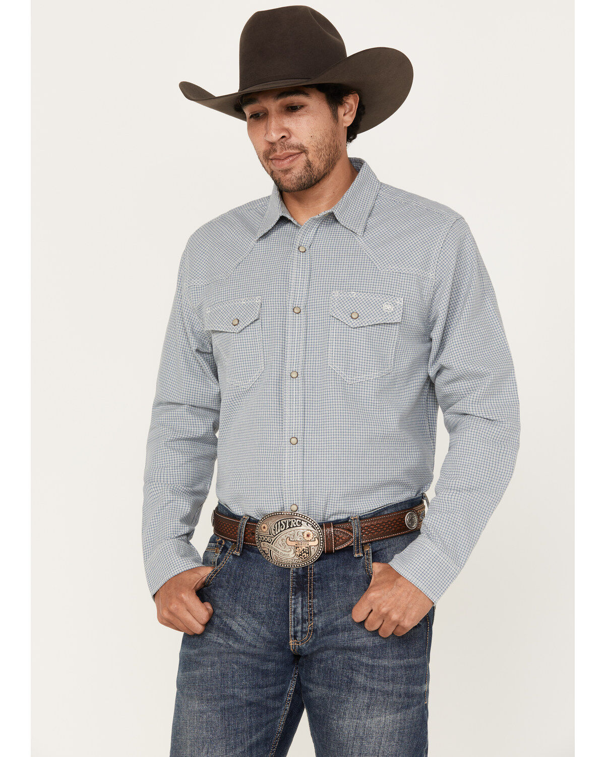 Blue Ranchwear Men's Plaid Print Long Sleeve Western Pearl Snap Shirt