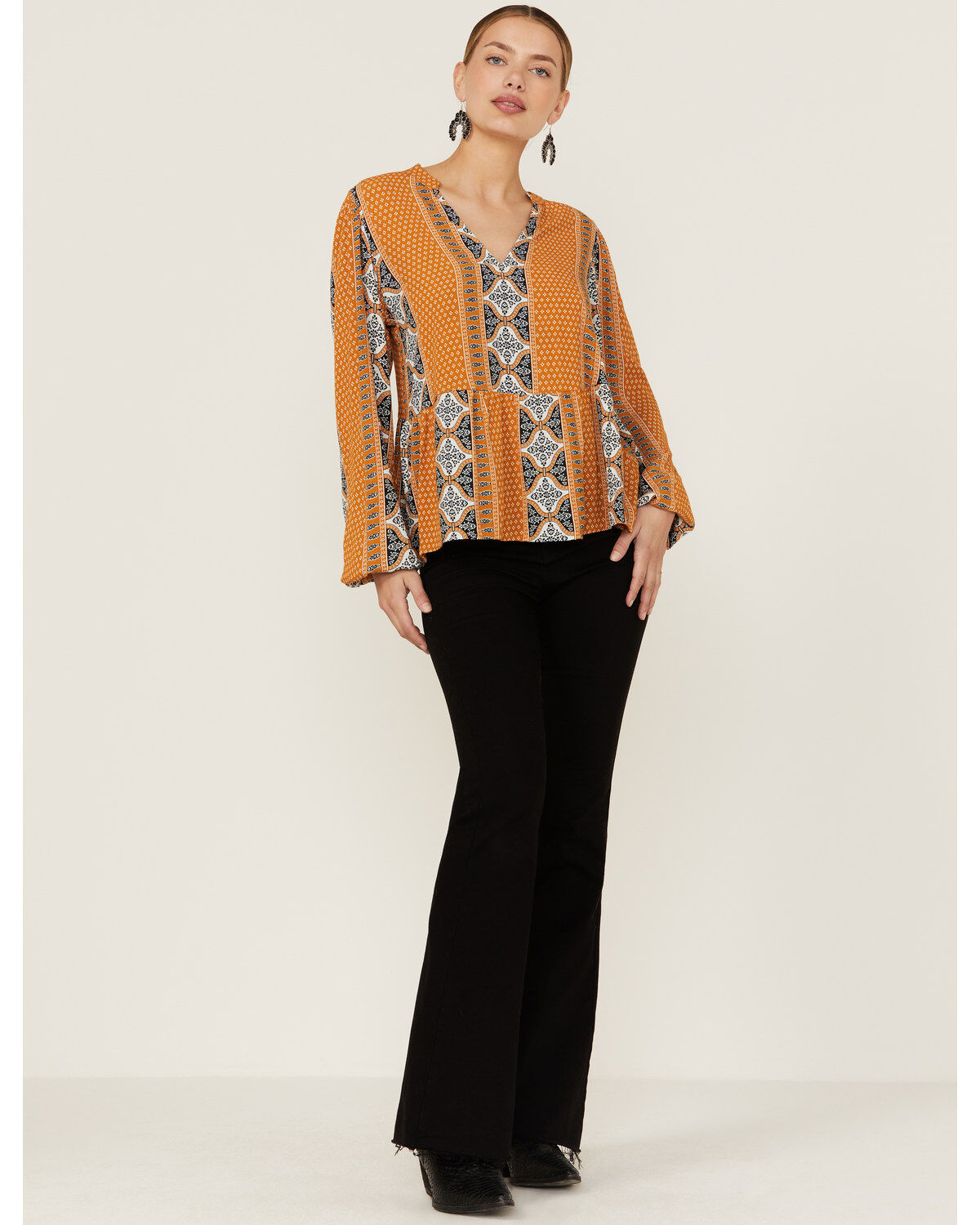 Wrangler Retro Women's Split Neck Peplum Print Mustard Peasant Top