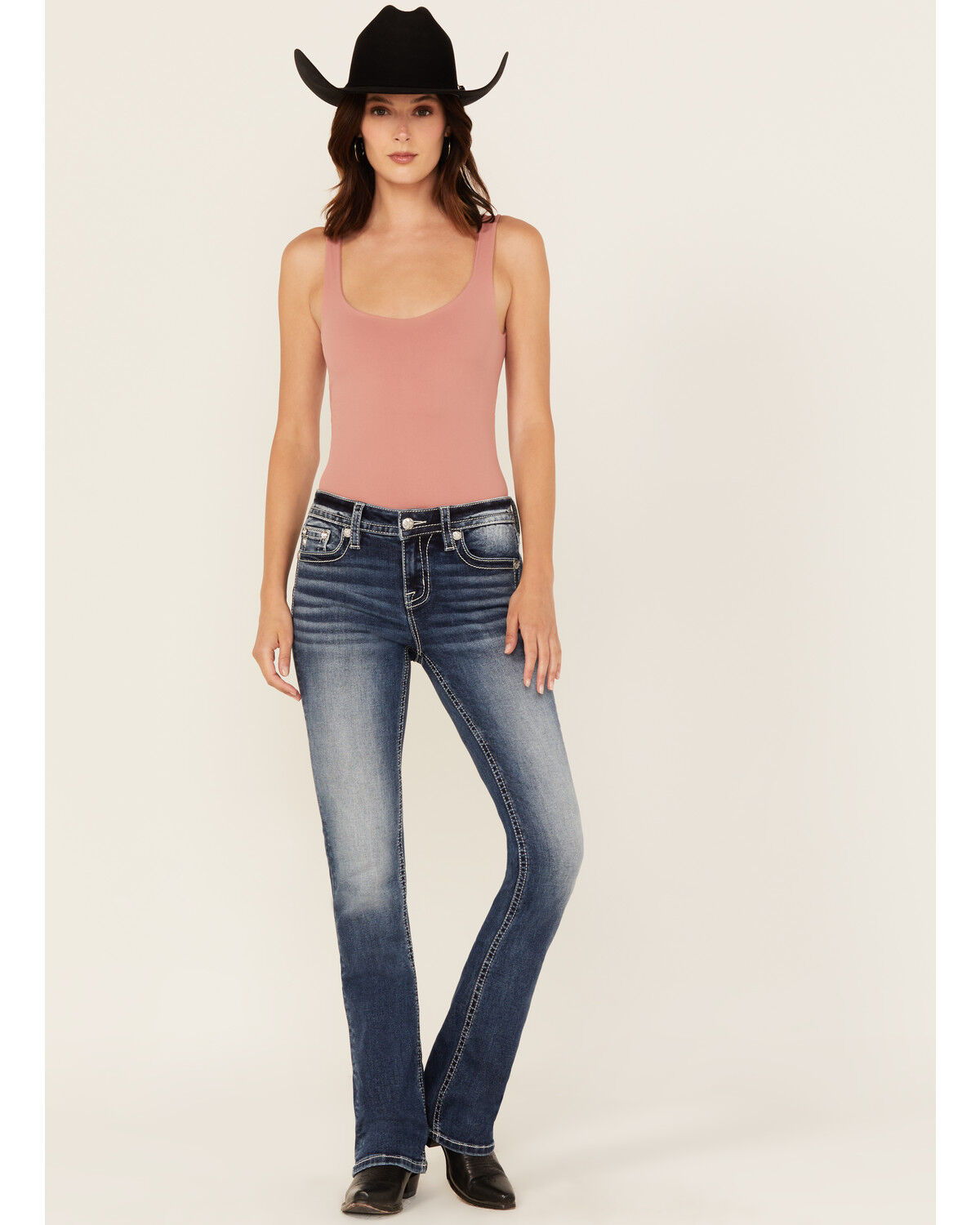 Miss Me Women's Dark Wash Mid Rise Cross Pocket Bootcut Stretch Denim Jeans