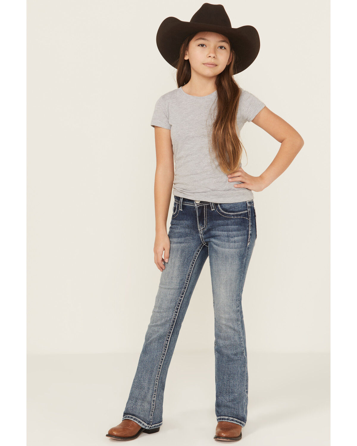Grace In LA Girls' Medium Wash Floral Embroidered Faux Flap Pocket Bootcut Stretch Denim Jeans