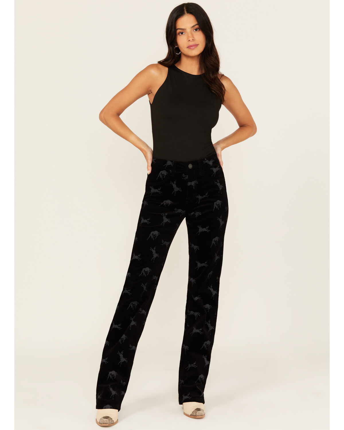 Rock & Roll Denim Women's High Rise Horse Print Modest Bootcut Stretch Corduroy Jeans