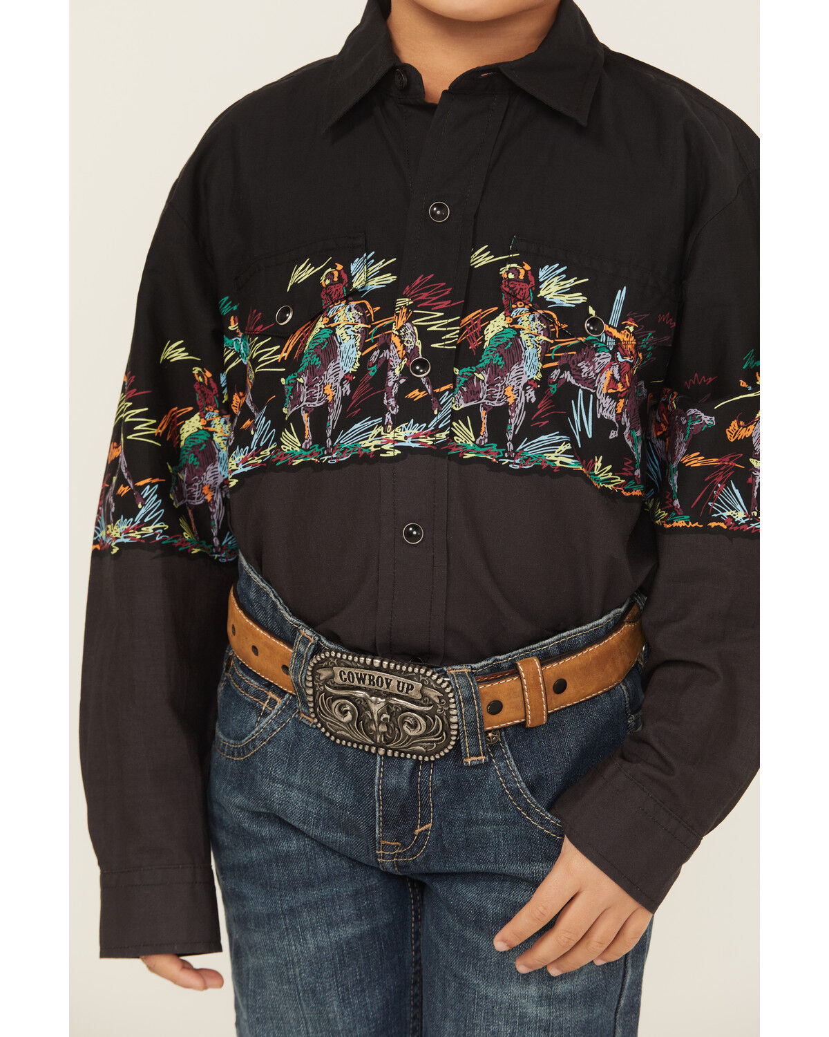 Roper Boys' Striped Border Print Long Sleeve Snap Western Shirt