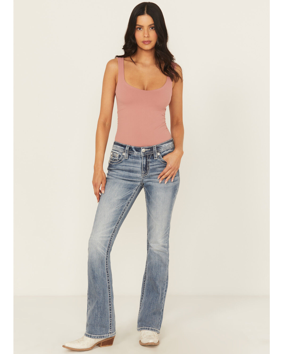 Miss Me Women's Dark Wash Mid Rise Floral Cross Pocket Stretch Denim Jeans