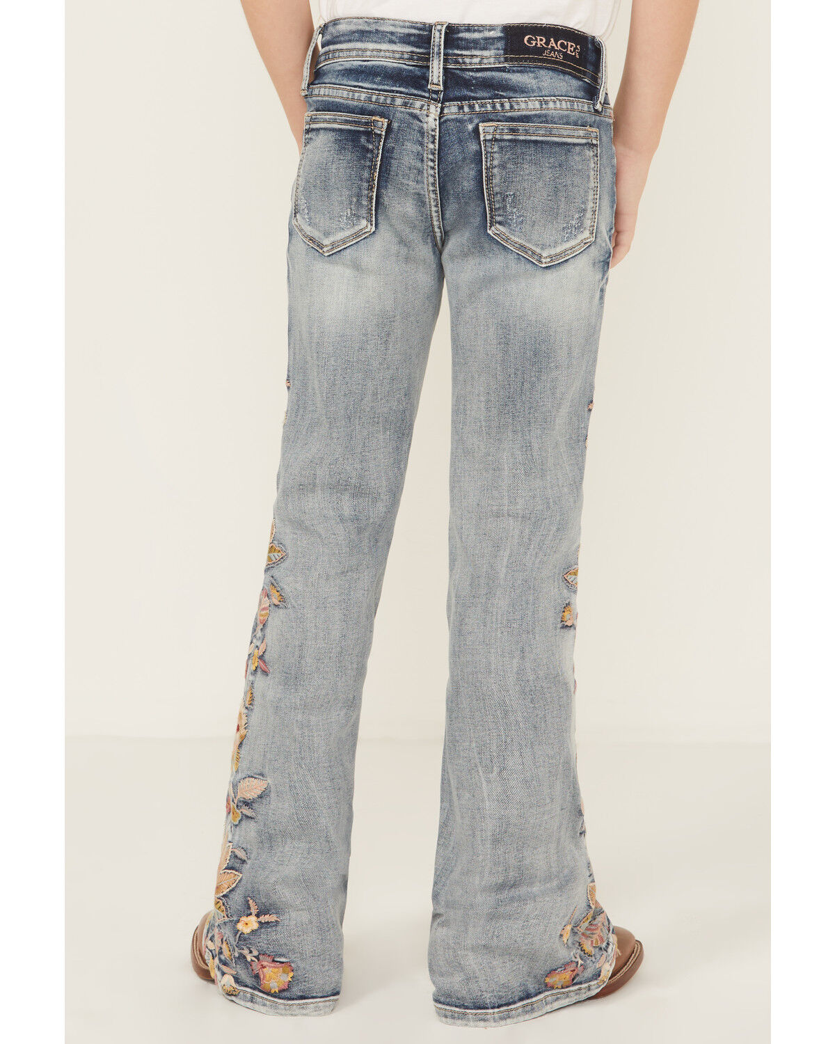Grace in LA Girls' Light Wash Floral Embroidered Flare Denim Jeans