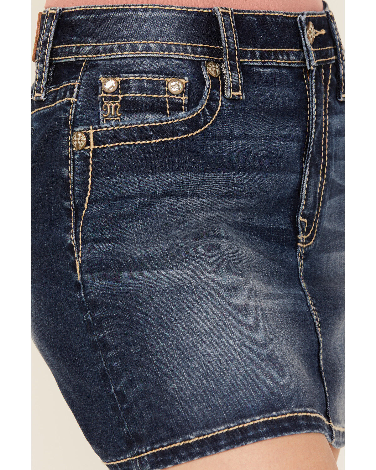 Miss Me Women's Dark Wash Embroidered Pocket Stretch Denim Mini Skirt