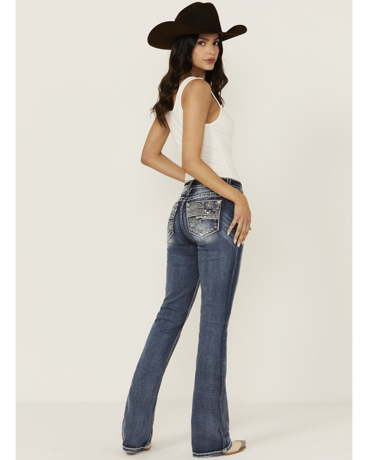 Miss Me Women's Dark Wash Mid Rise Flag Pocket Bootcut Stretch Denim Jeans