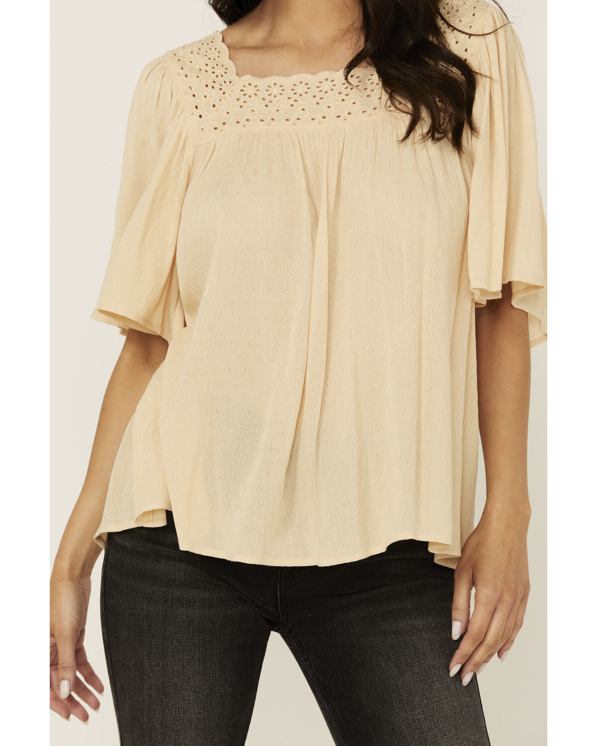 Band Of The Free Women's Solid Short Sleeve Ruffle Blouse