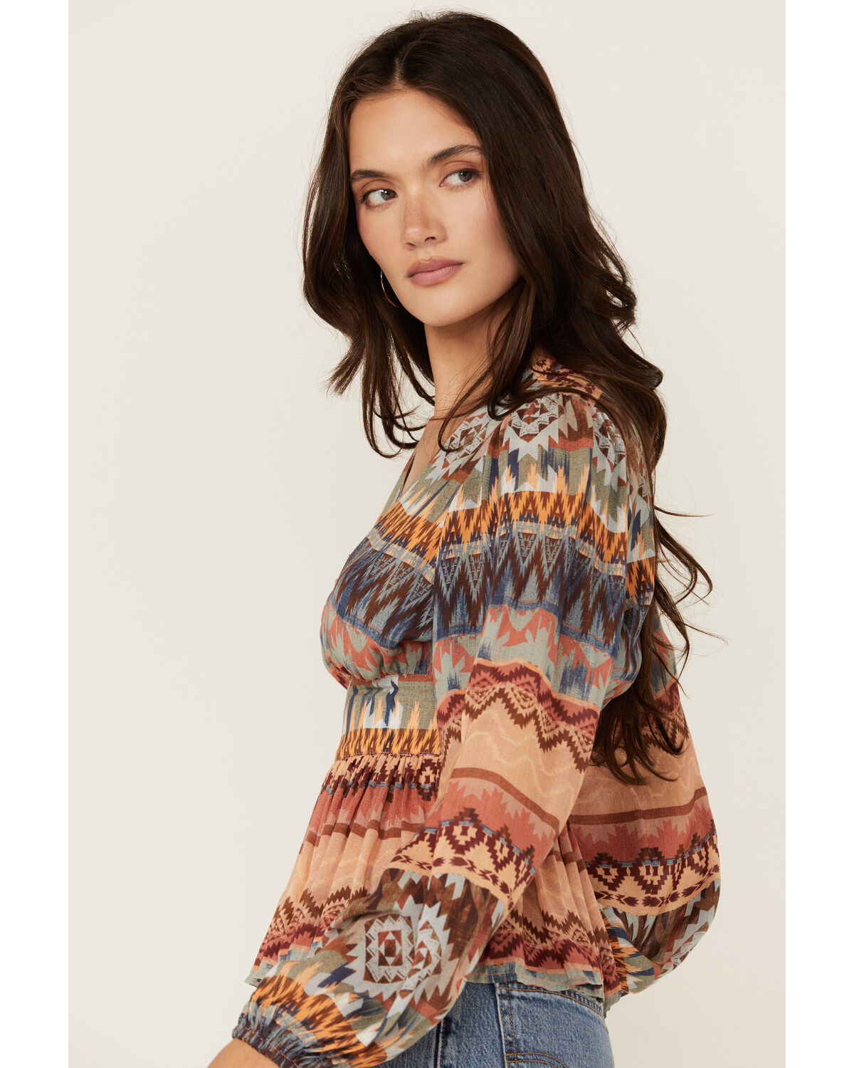 Shyanne Women's Southwestern Print Long Sleeve Crepe Shirt