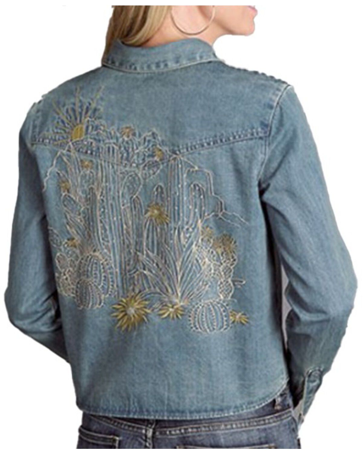 Stetson Women's Light Wash Sprint II Embroidered Long Sleeve Snap Cropped Denim Shirt