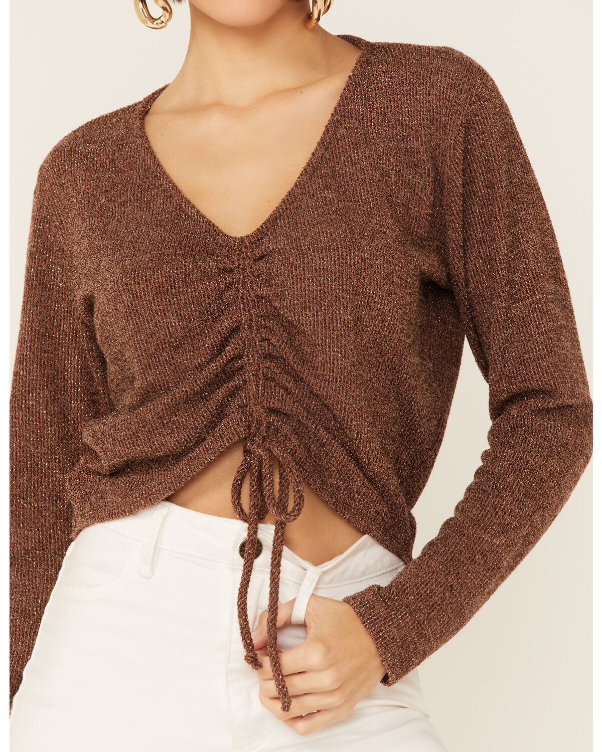 Wild Moss Women's Brown Ribbed Lurex Cinch Front Knit Top