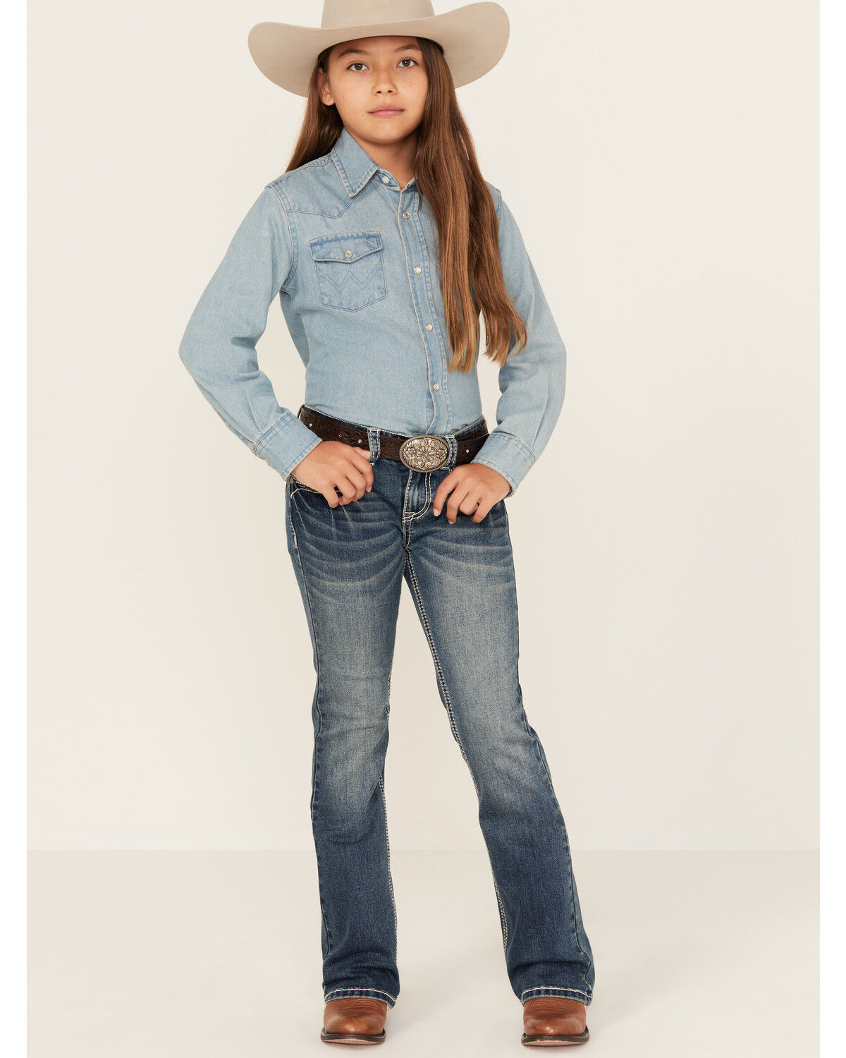 Shyanne Girls' Arrowhead Dark Wash Dreamcatcher Pocket Bootcut Stretch Denim Jeans