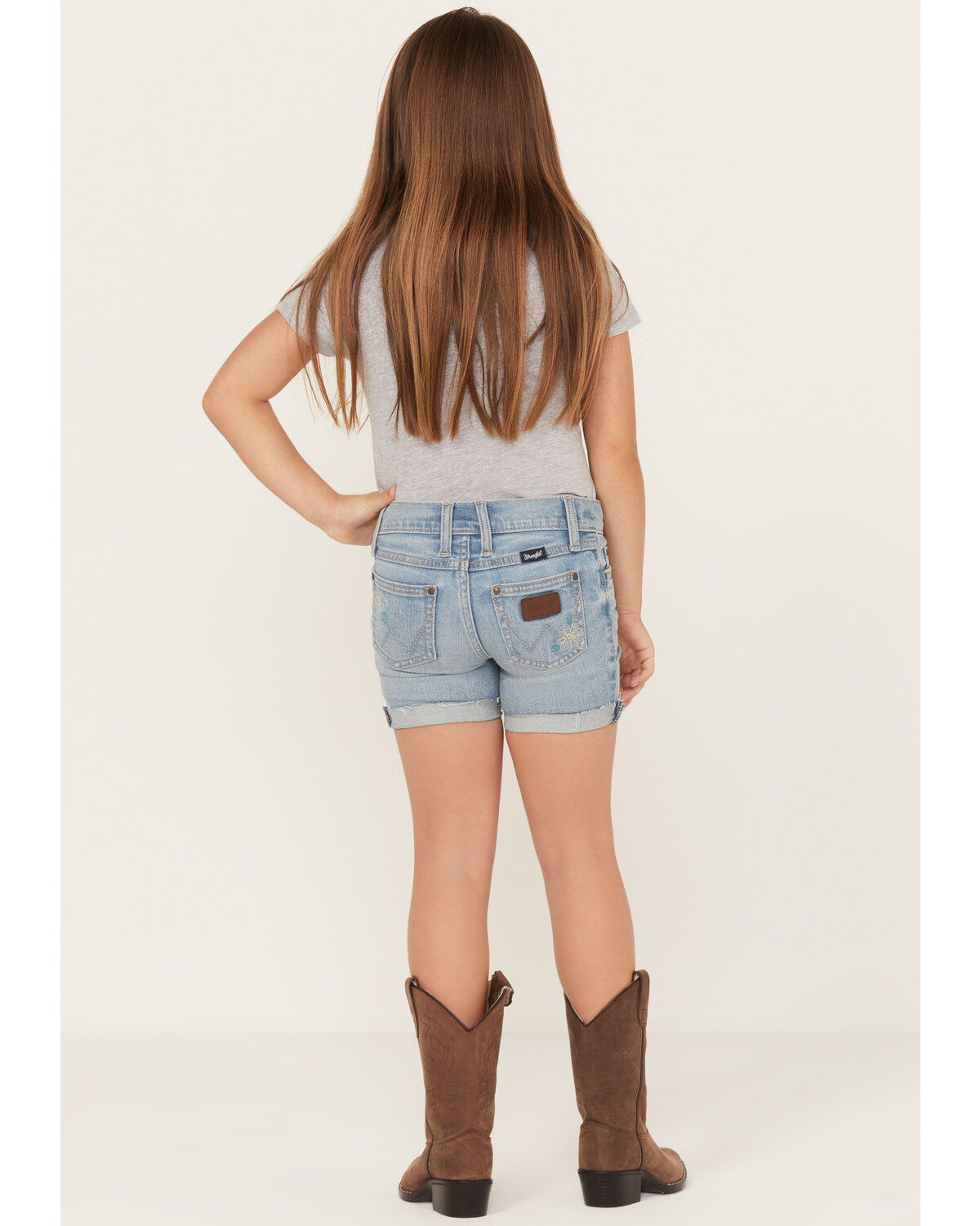 Wrangler Girls' Light Wash Cuffed Daisy Embroidered Jean Shorts
