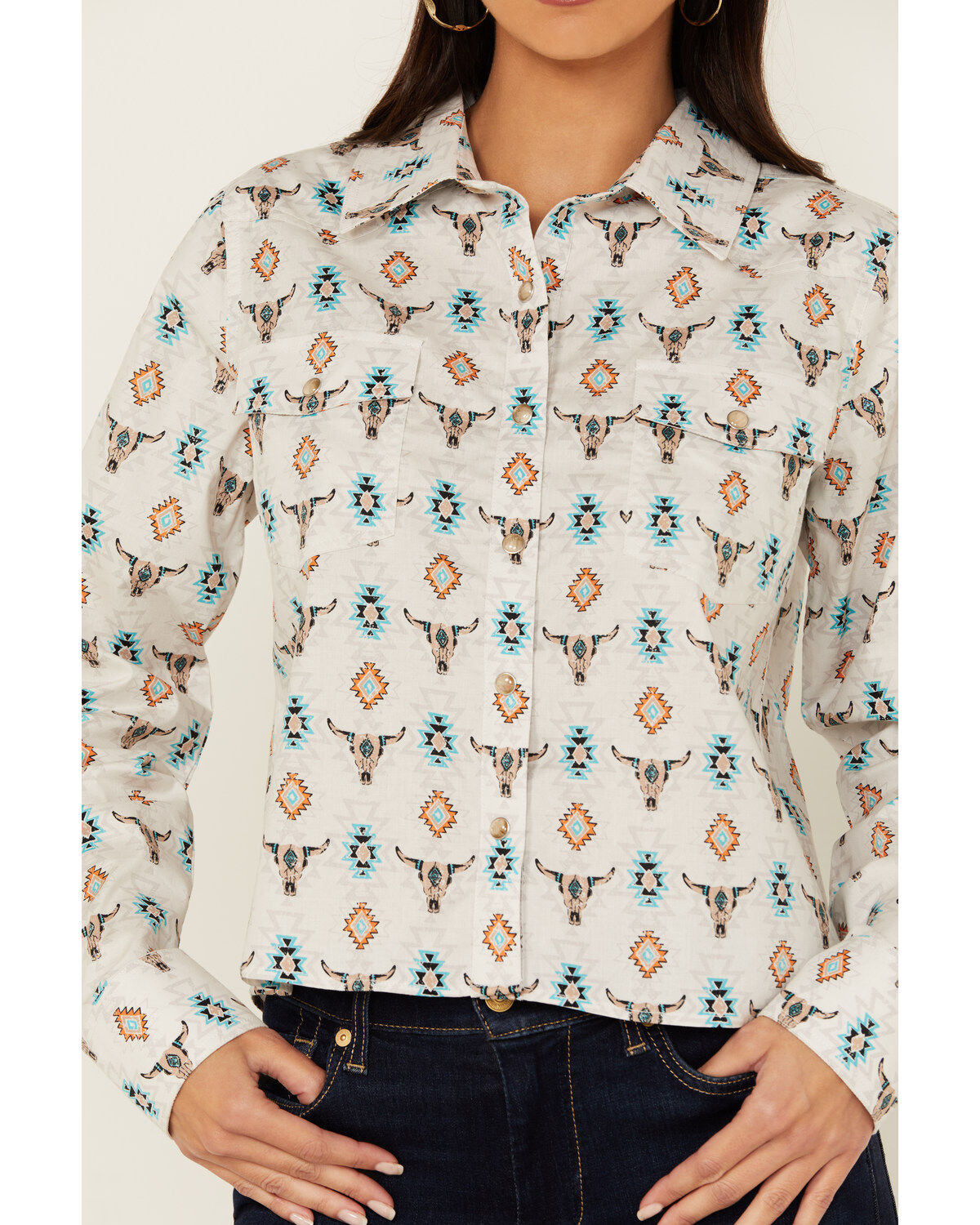 Panhandle Women's Steer Print Long Sleeve Snap Western Shirt