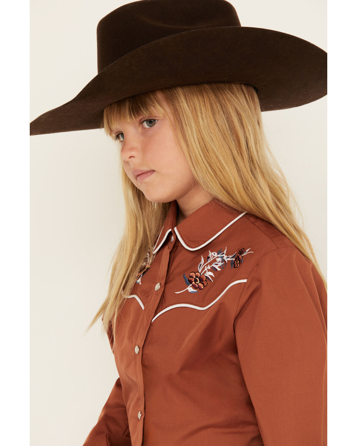 Ely Walker Girls' Floral Embroidered Long Sleeve Pearl Snap Western Shirt